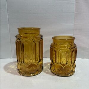 Vintage Amber Moon & Stars Glass Canister Set (2) No Lids